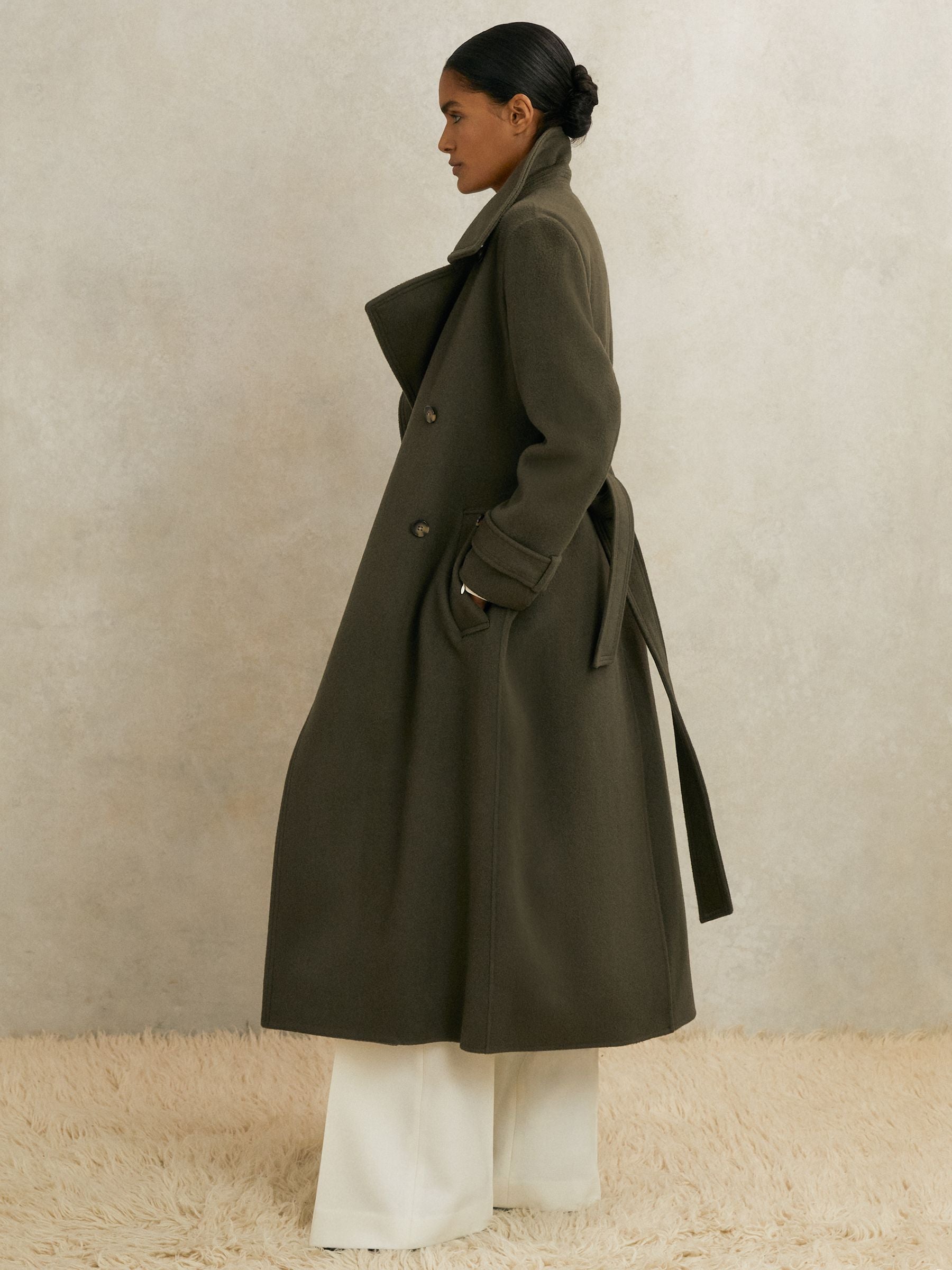 Scarlett Atelier Wool Belted Blindseam Coat in Khaki