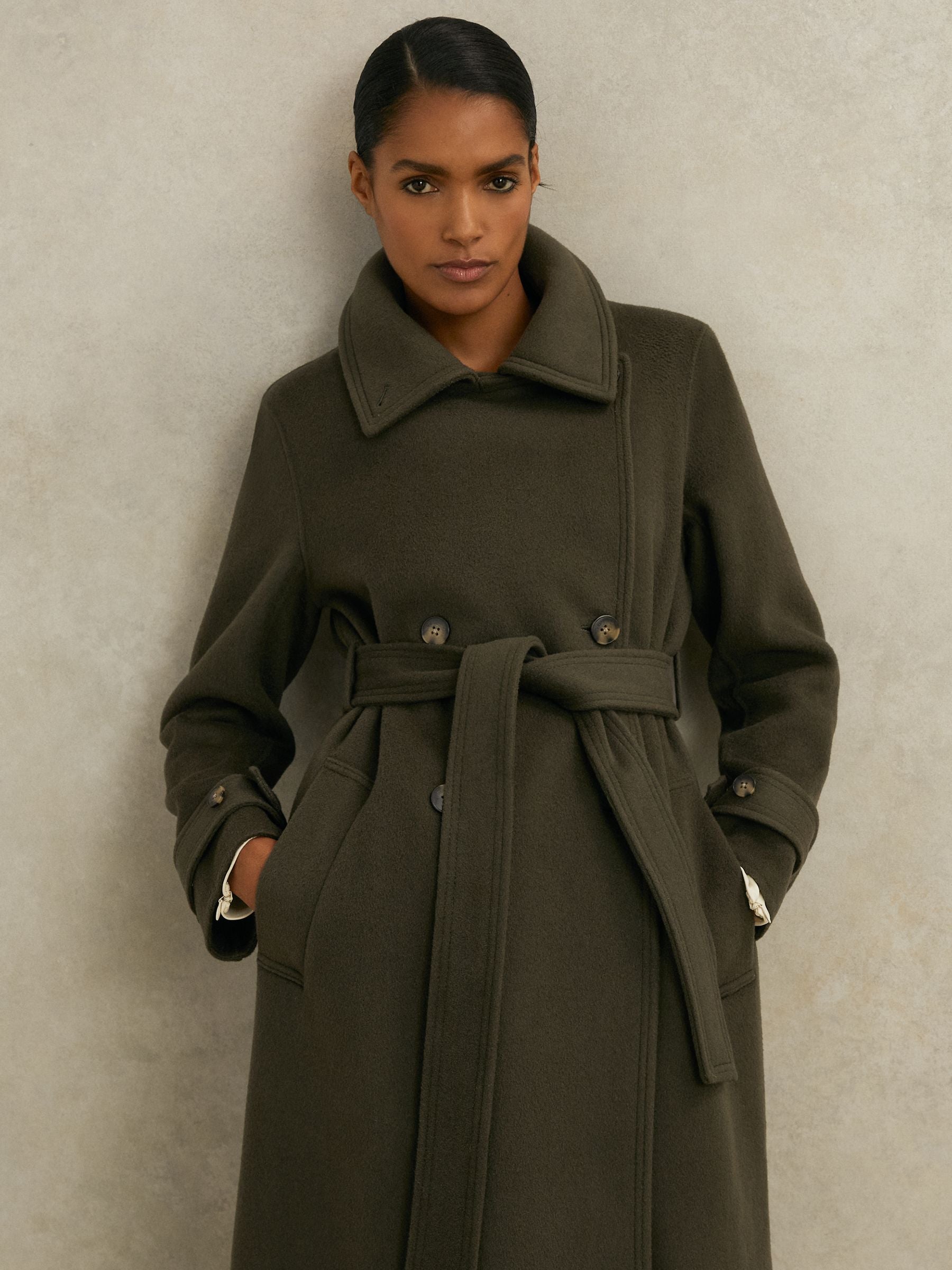 Scarlett Atelier Wool Belted Blindseam Coat in Khaki