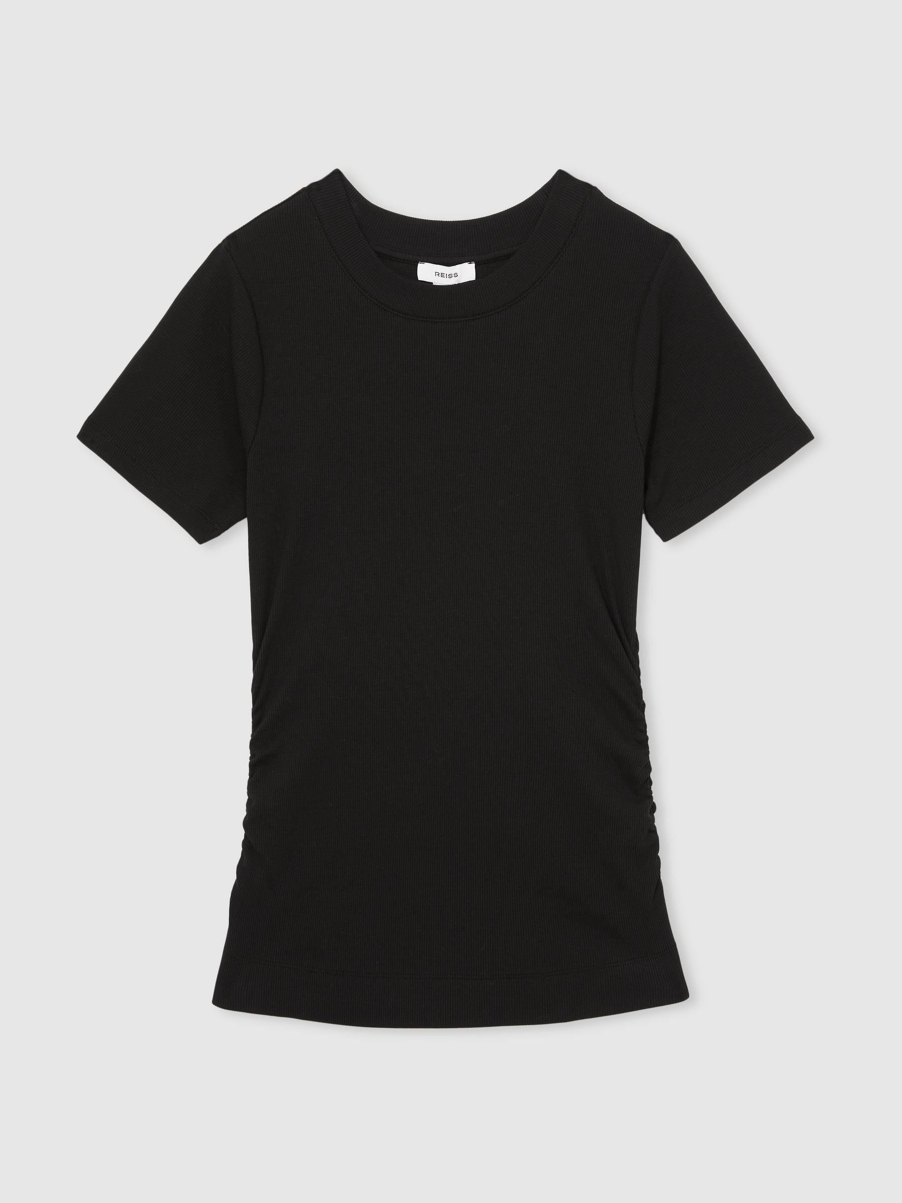 Tess Stretch-Cotton Ruched Ribbed T-Shirt in Black