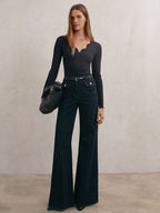 Lara Crochet-Trim Rib-Knit Top in Navy