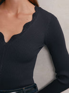Lara Crochet-Trim Rib-Knit Top in Navy