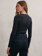 Lara Crochet-Trim Rib-Knit Top in Navy