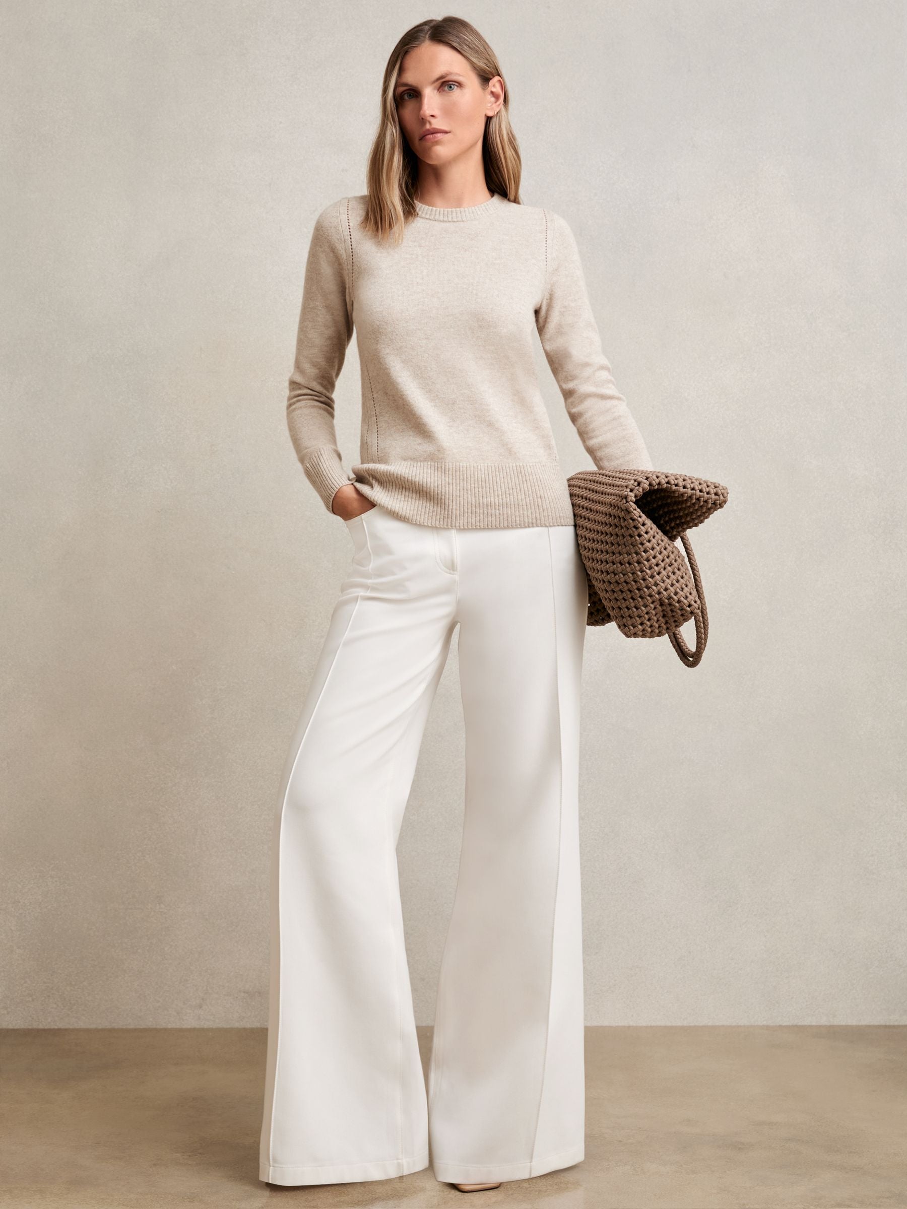 Anya Wool-Blend Open-Stitch Jumper in Oatmeal