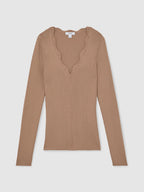 Lara Crochet-Trim Rib-Knit Top in Taupe