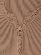 Lara Crochet-Trim Rib-Knit Top in Taupe